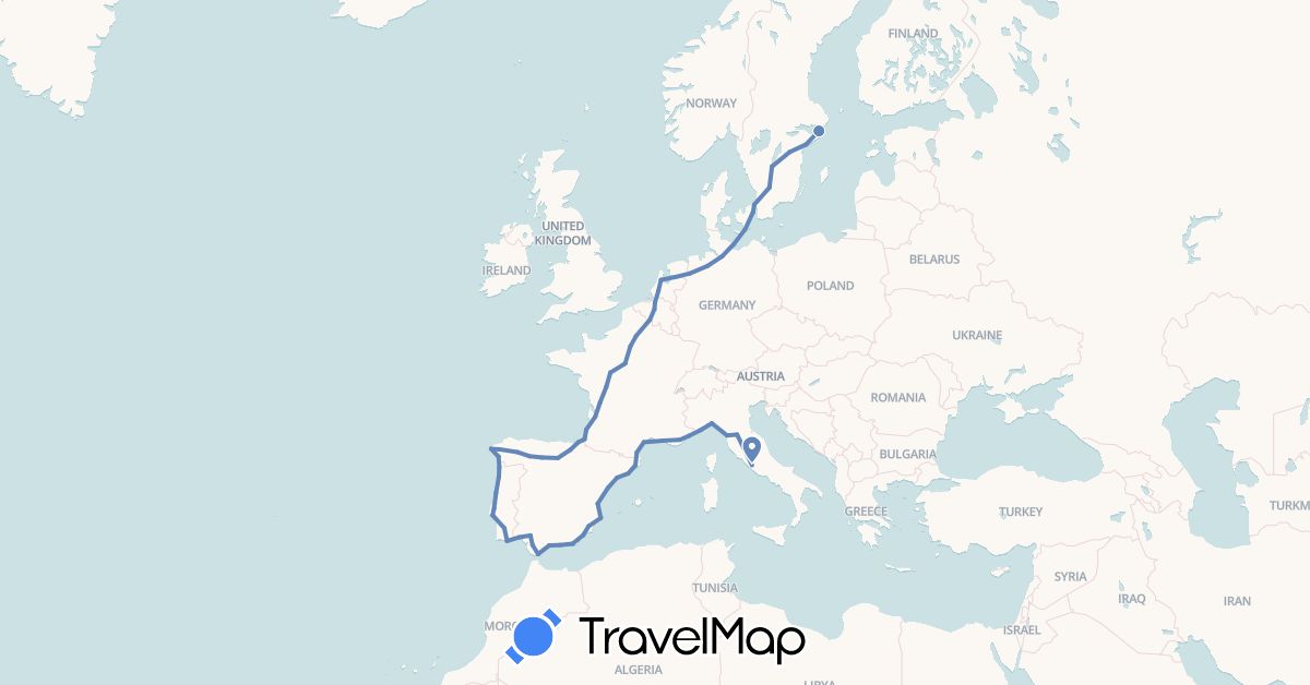 TravelMap itinerary: driving, cycling in Belgium, Germany, Denmark, Spain, France, Gibraltar, Italy, Netherlands, Portugal, Sweden (Europe)